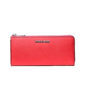 New Michael Kors Jet Set Travel Large Leather Quarter-Zip Wallet Hibiscus